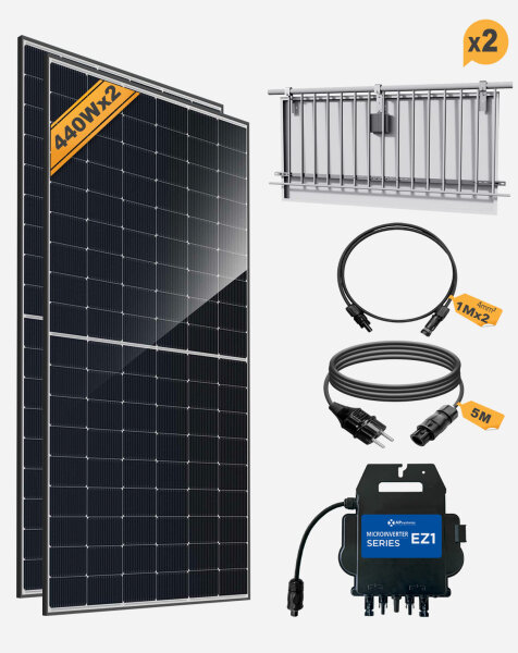 Balcony PV Anlage 800W_APsystems&reg; EZ1-M 800 +&nbsp;JA Solar&reg; 440W Solarpanel + 5m Cable  Betteri&reg; to Schuko Socket + Alu PV mounting vertical